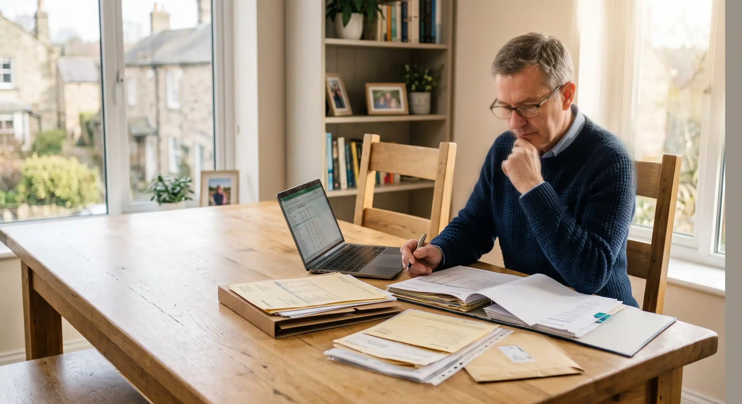 Person reviewing several old workplace pension statements at a home-office table