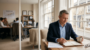 Business owner reviewing retirement plans in a bright office while colleagues work in the background