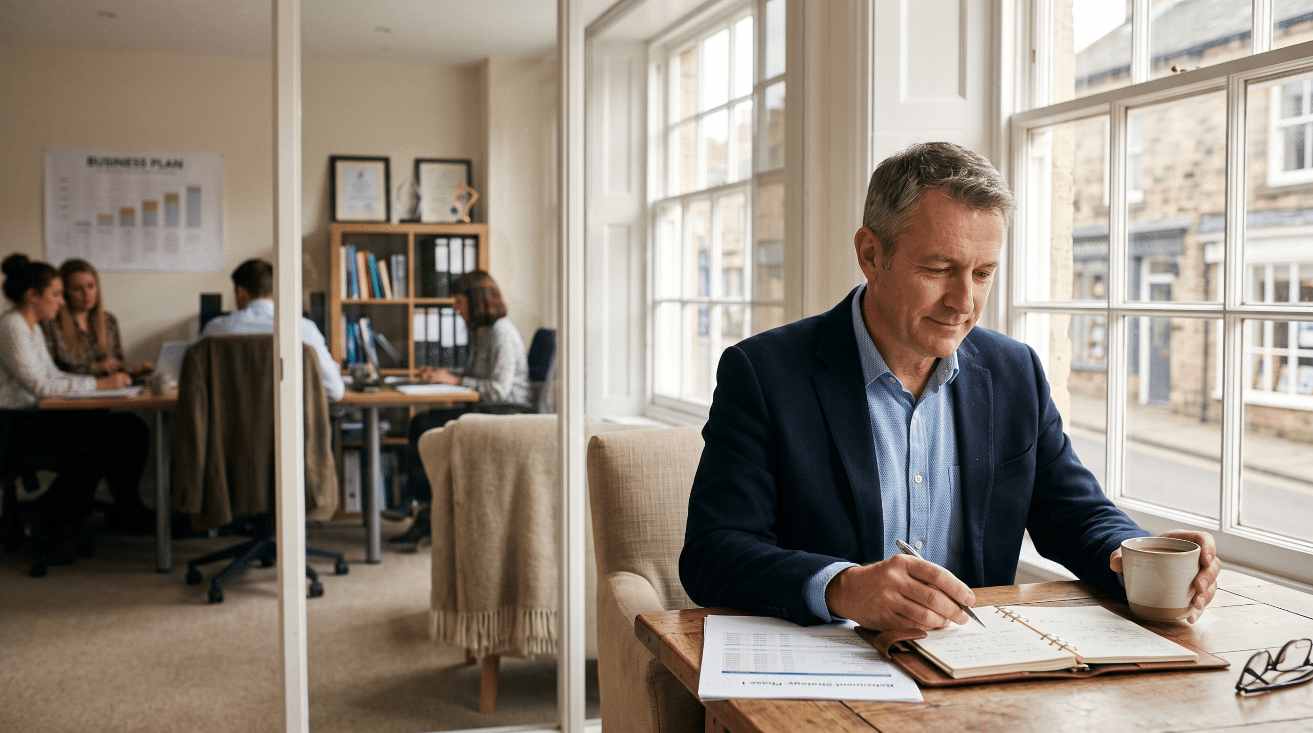 Business owner reviewing retirement plans in a bright office while colleagues work in the background