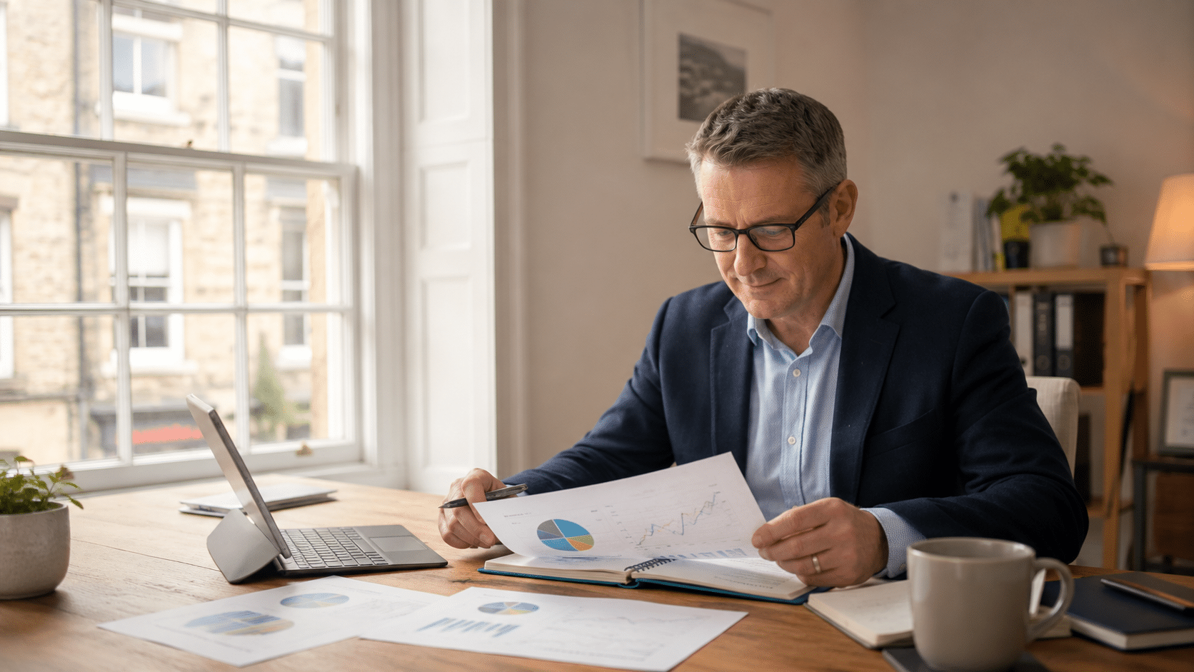 Investor reviewing portfolio allocation charts and investment performance in an office