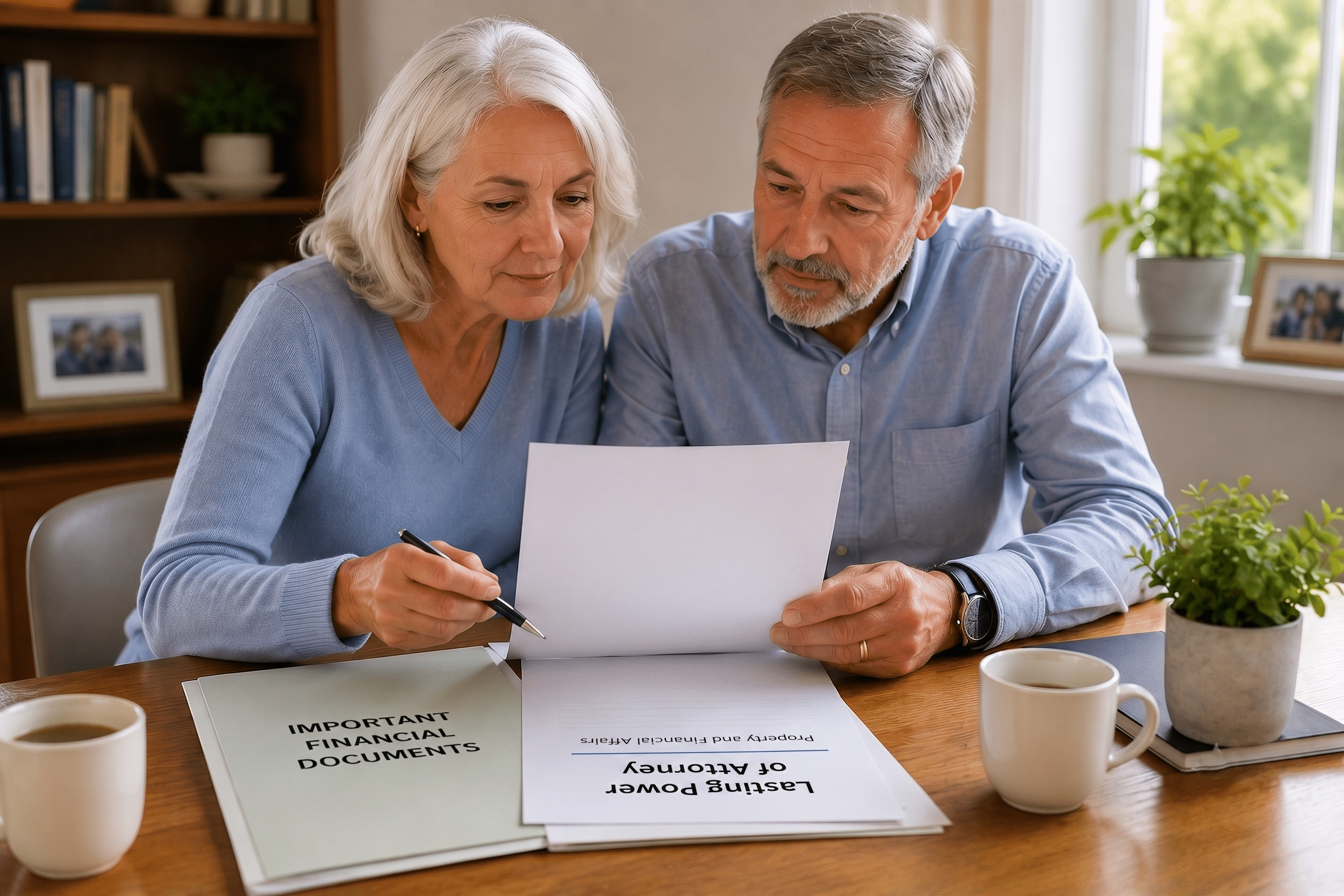 Mature woman reviewing financial documents with a trusted family member at home