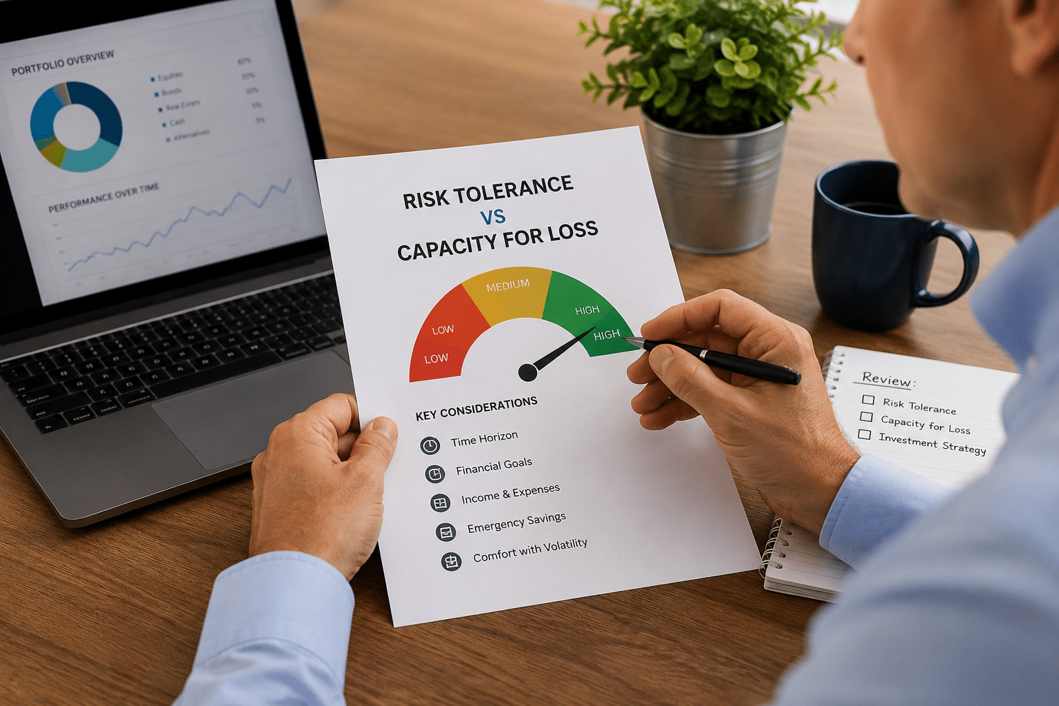 Investor reviewing risk tolerance and capacity for loss alongside portfolio information