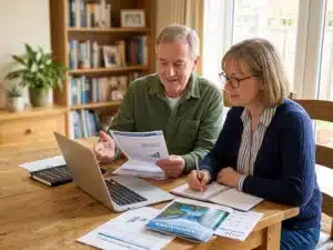 Couple reviewing finances to see if they can afford to retire at 60
