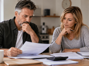 Couple reviewing finances and pension arrangements during divorce discussions at home